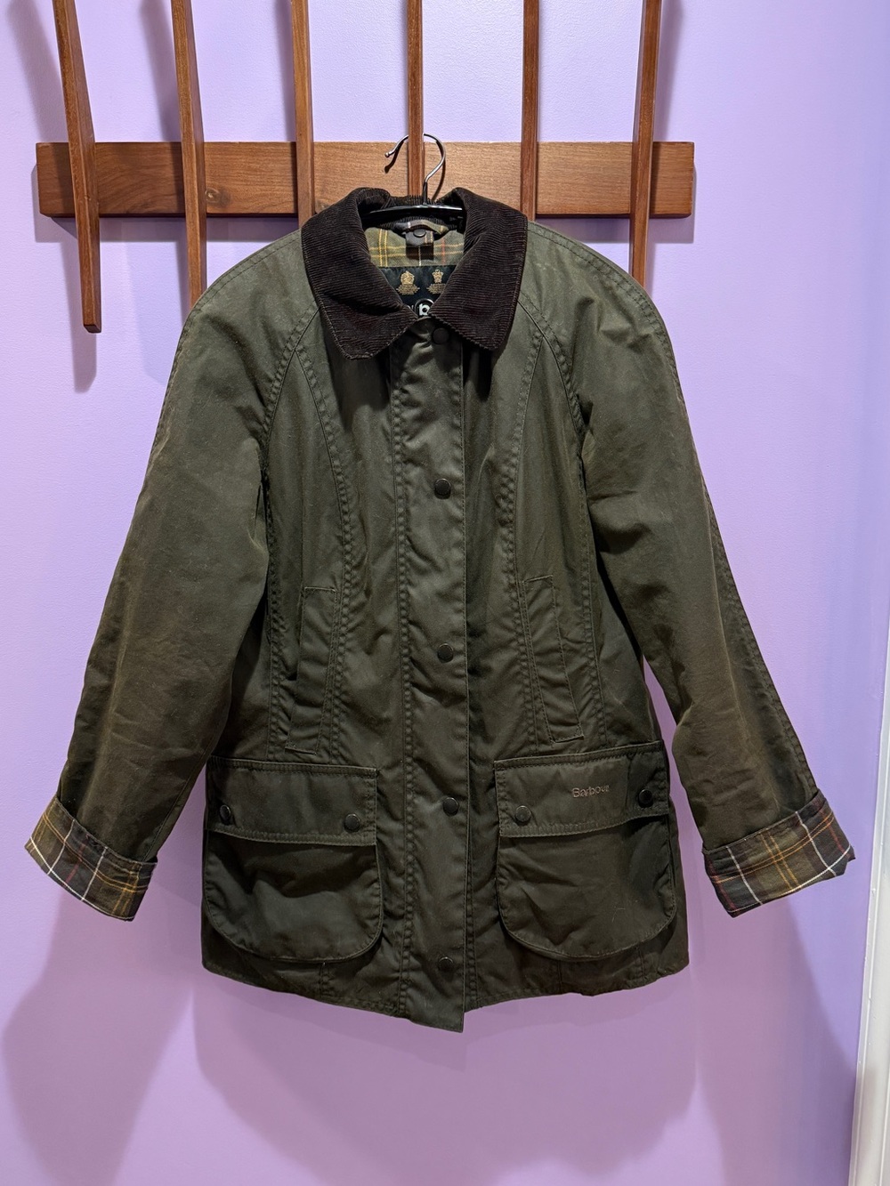 Women’s Barbour Classic Beadnell Waxed Jacket UK8 US4 Olive Green Barn Chore